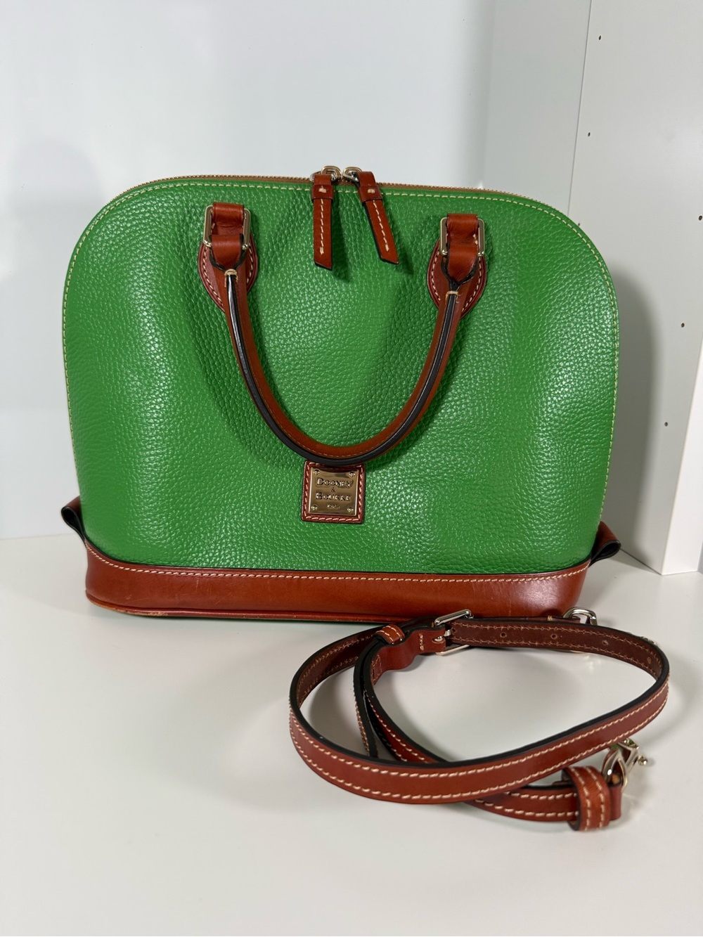 Dooney & Bourke Green Pebbled Leather Zip  Zip Satchel with Brown Trim and Strap